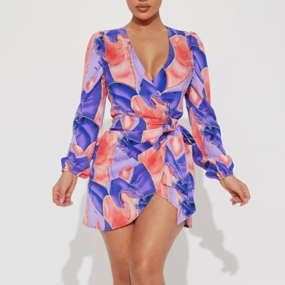 Fashion nova sexy Miami purple pink gold wrap satin dress